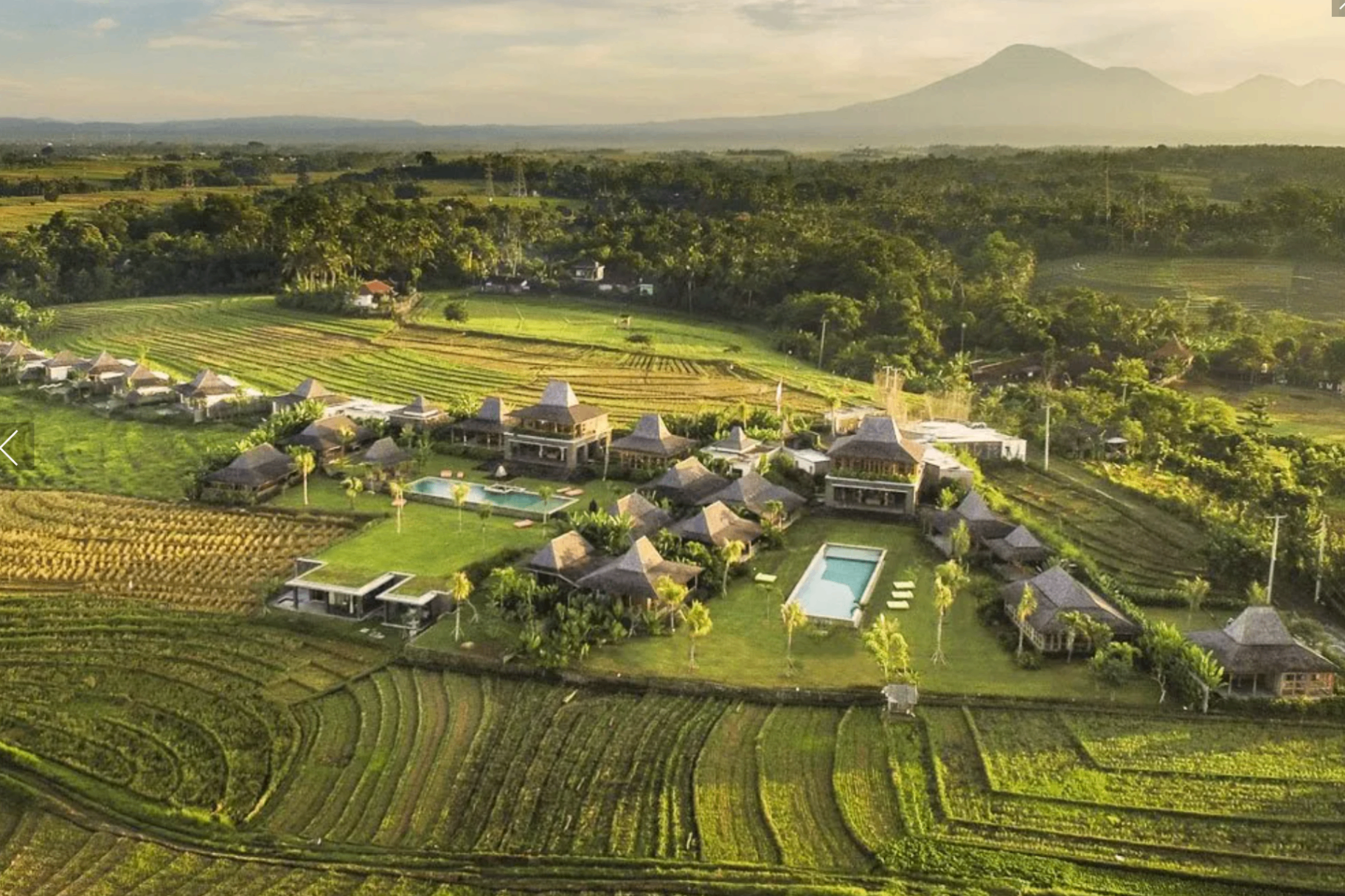Rice-field resort with Mount Agung backdrop