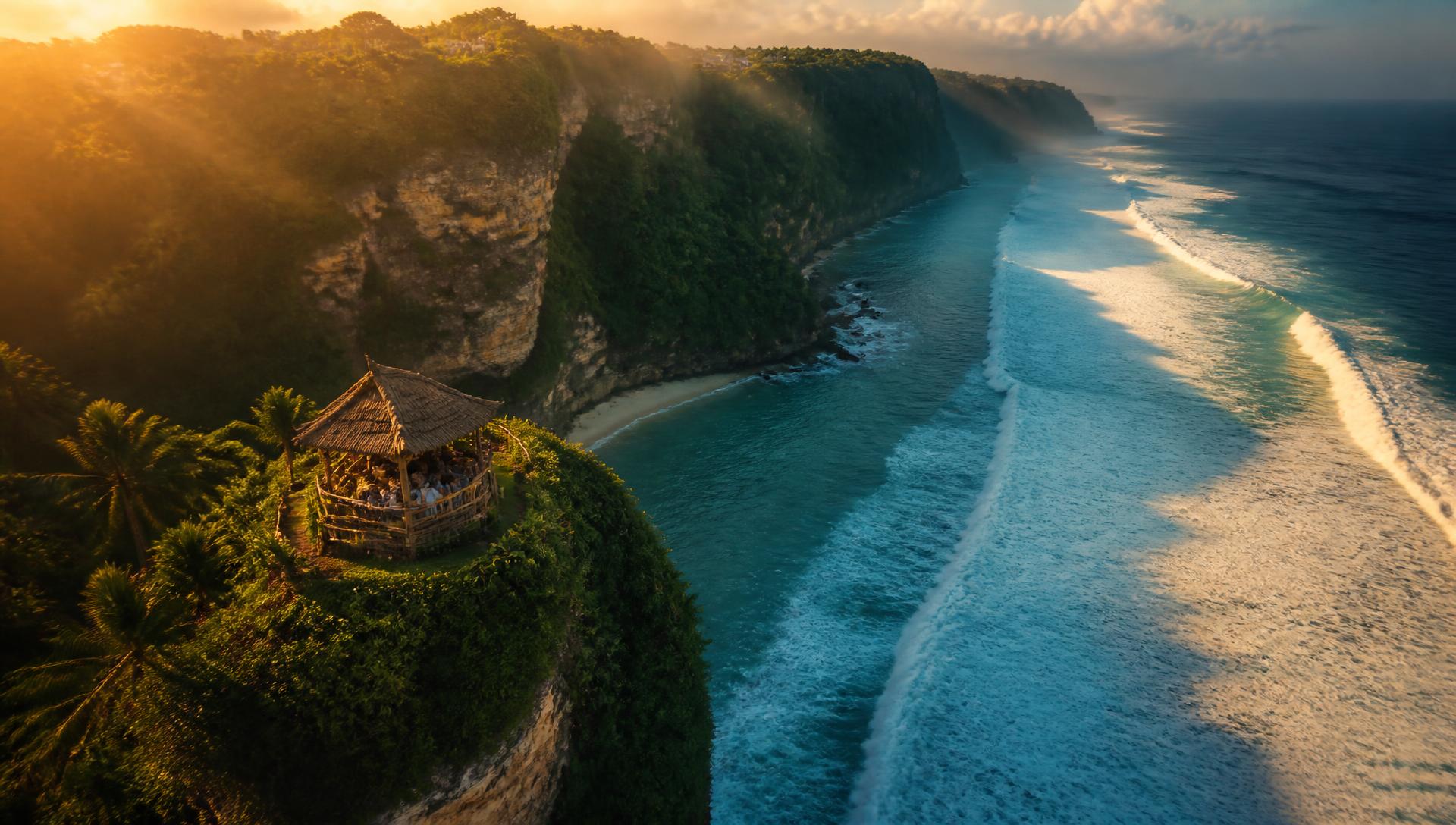 Aerial view of a clifftop bamboo pavilion above turquoise surf at golden hour in Bali